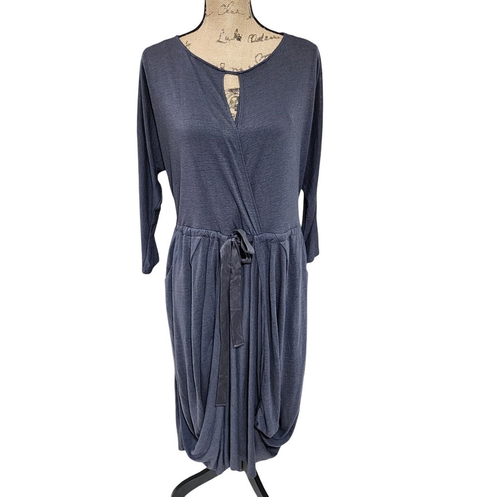 Free People Gray Slub Knit Midi Wrap Dress Keyhole Drawstring XS Boho